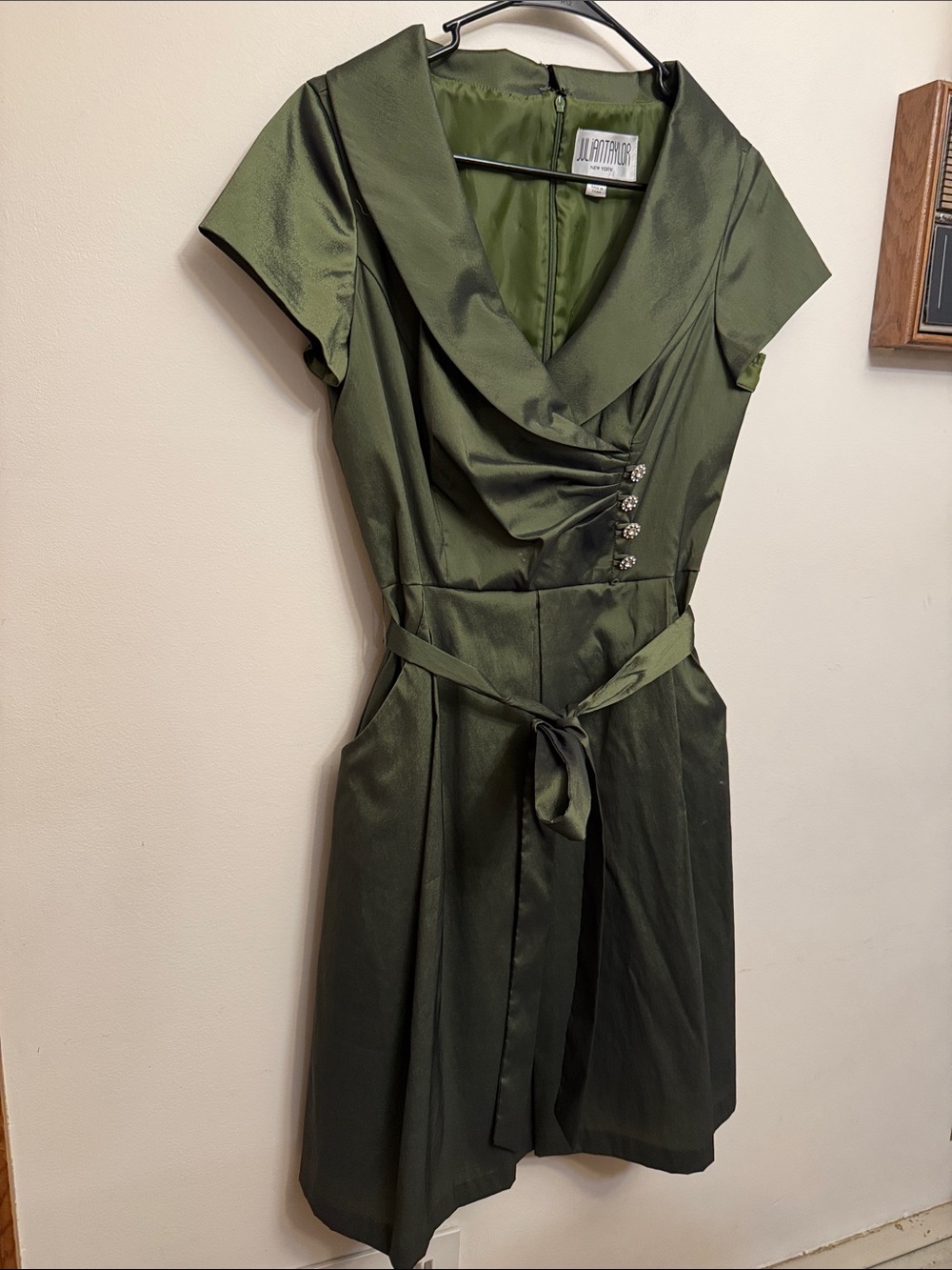Julian Taylor Olive Green Satin Fit-and-Flare Midi Dress